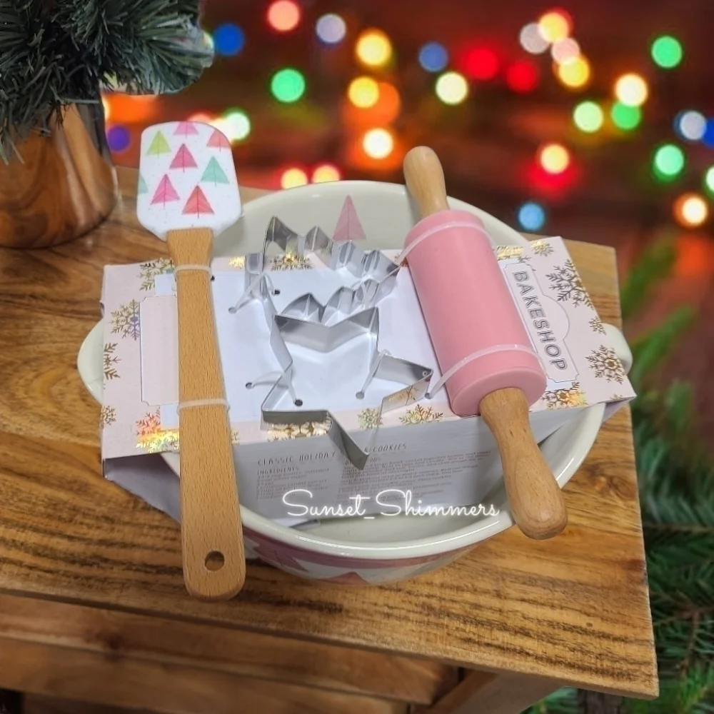 5pc Pastel Christmas Tree Handle Mixing Bowl Spatula Cookie cutters Rolling Pin